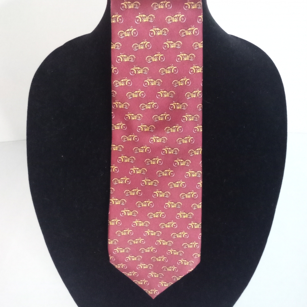 Ralph Lauren Burgundy Silk Tie Gold Motorcycle Pattern